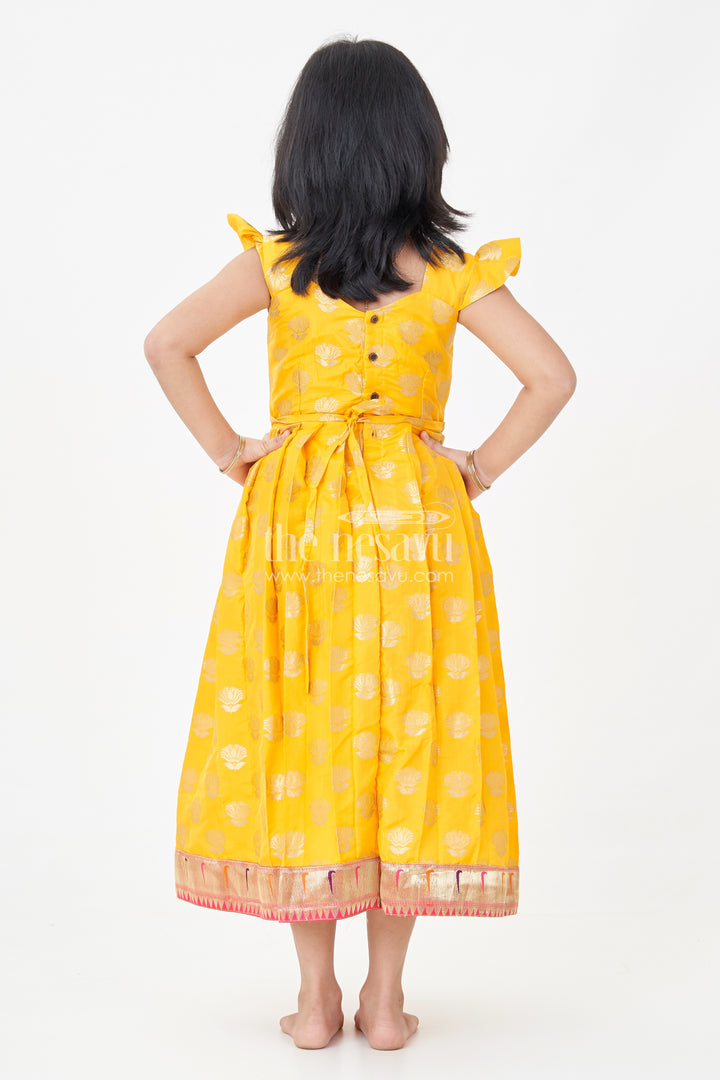 Girls Banarasi Anarkali Gown in Yellow Semi Banaras Silk with Paithani Yoke and Gold Motifs