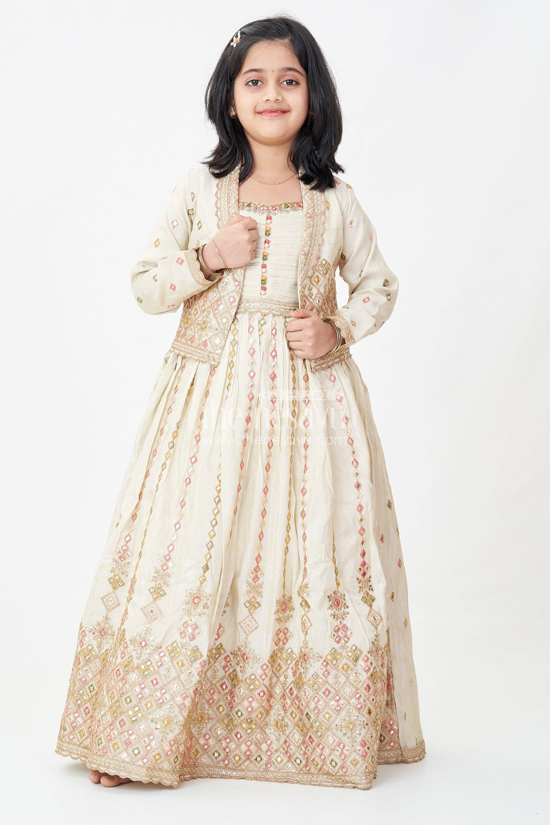Girls Designer Anarkali in Ivory Shimmer Silk with Embroidered Jacket and Pleated Skirt Finish