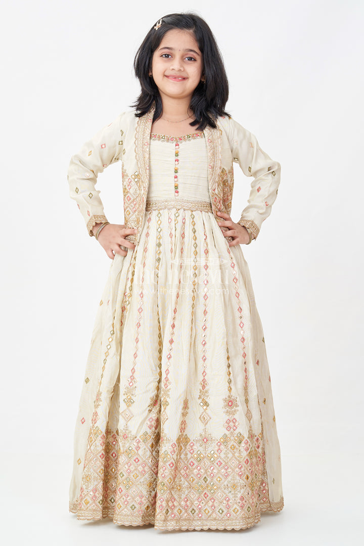Girls Designer Anarkali in Ivory Shimmer Silk with Embroidered Jacket and Pleated Skirt Finish