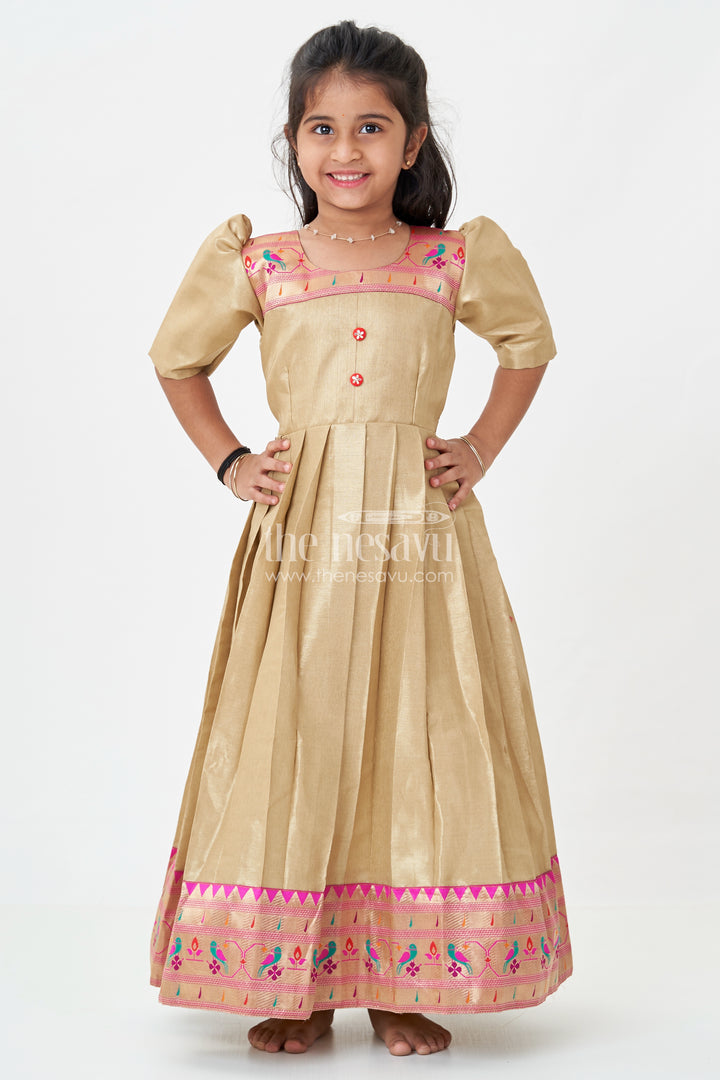 Girls Anarkali Style Gown in Brown Tissue with Paithani Border and Structured Pleats