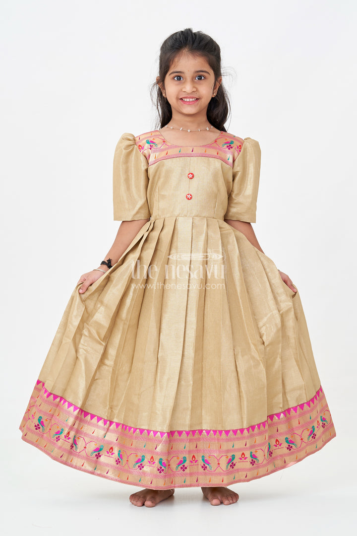 Girls Anarkali Style Gown in Brown Tissue with Paithani Border and Structured Pleats