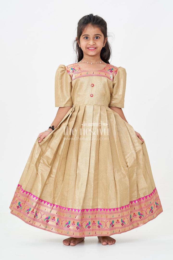 Girls Anarkali Style Gown in Brown Tissue with Paithani Border and Structured Pleats