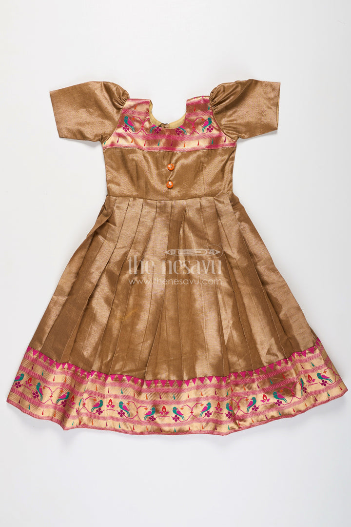 Girls Anarkali Style Gown in Brown Tissue with Paithani Border and Structured Pleats
