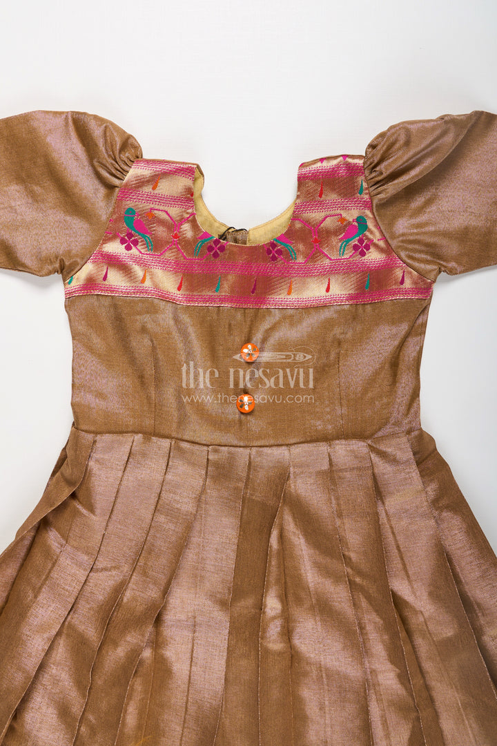 Girls Anarkali Style Gown in Brown Tissue with Paithani Border and Structured Pleats