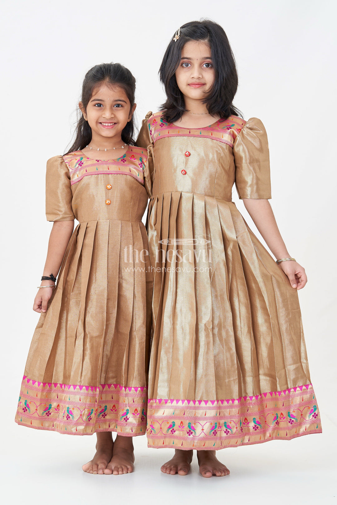 Girls Anarkali Style Gown in Brown Tissue with Paithani Border and Structured Pleats