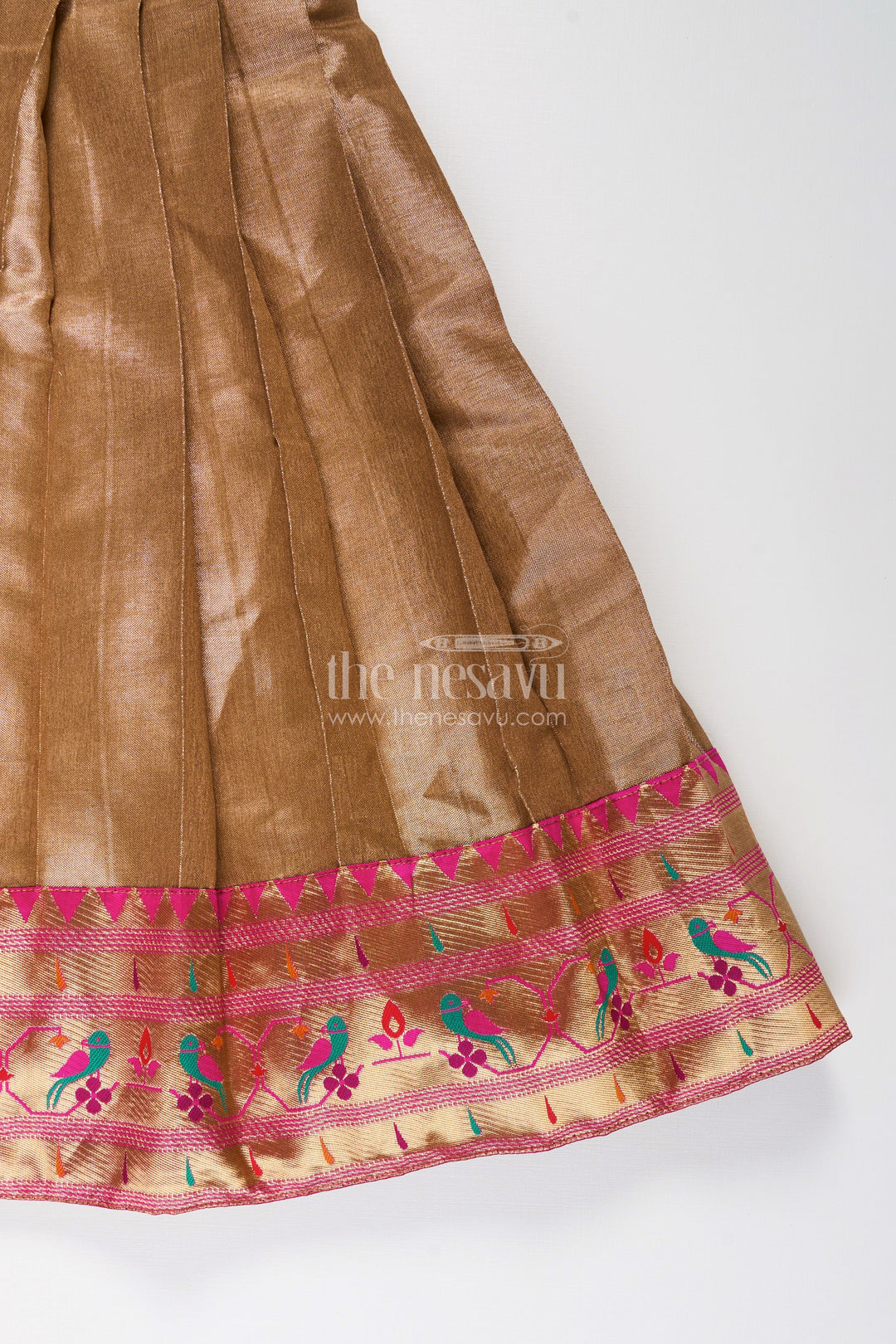 Girls Anarkali Style Gown in Brown Tissue with Paithani Border and Structured Pleats