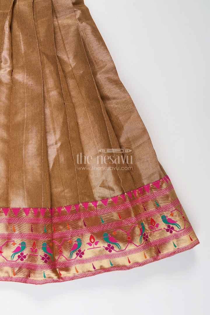 Girls Anarkali Style Gown in Brown Tissue with Paithani Border and Structured Pleats