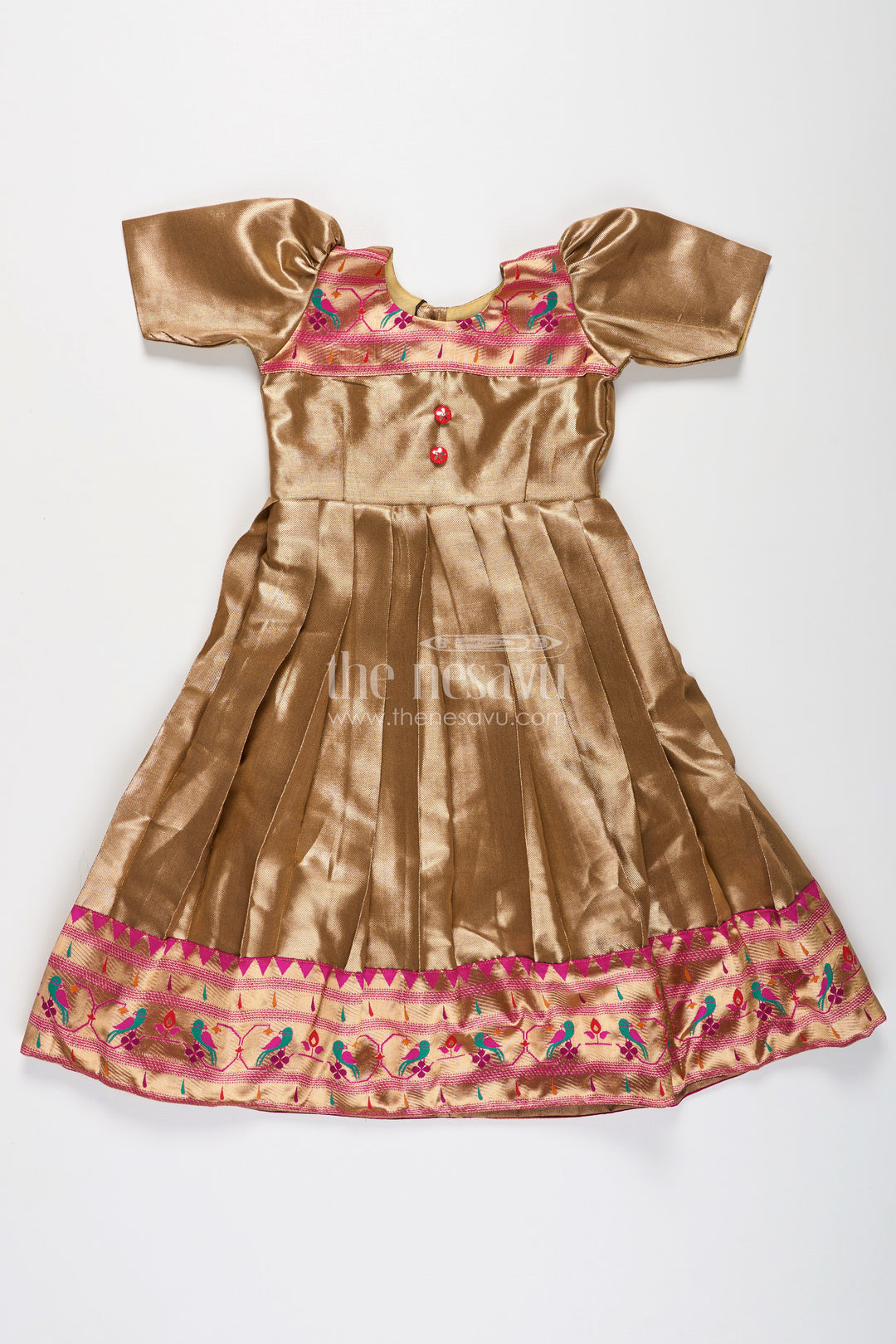 Yellow Gold Gown for Girls in Tissue Silk with Rich Pleats and Paithani Embellished Hemline