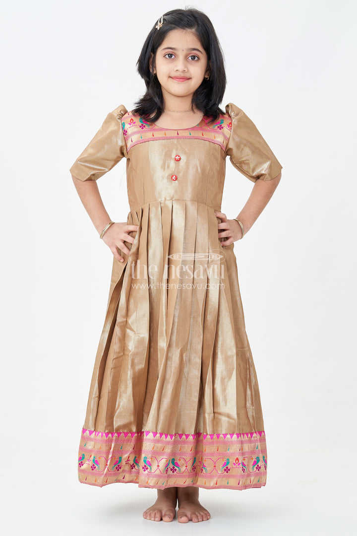Yellow Gold Gown for Girls in Tissue Silk with Rich Pleats and Paithani Embellished Hemline