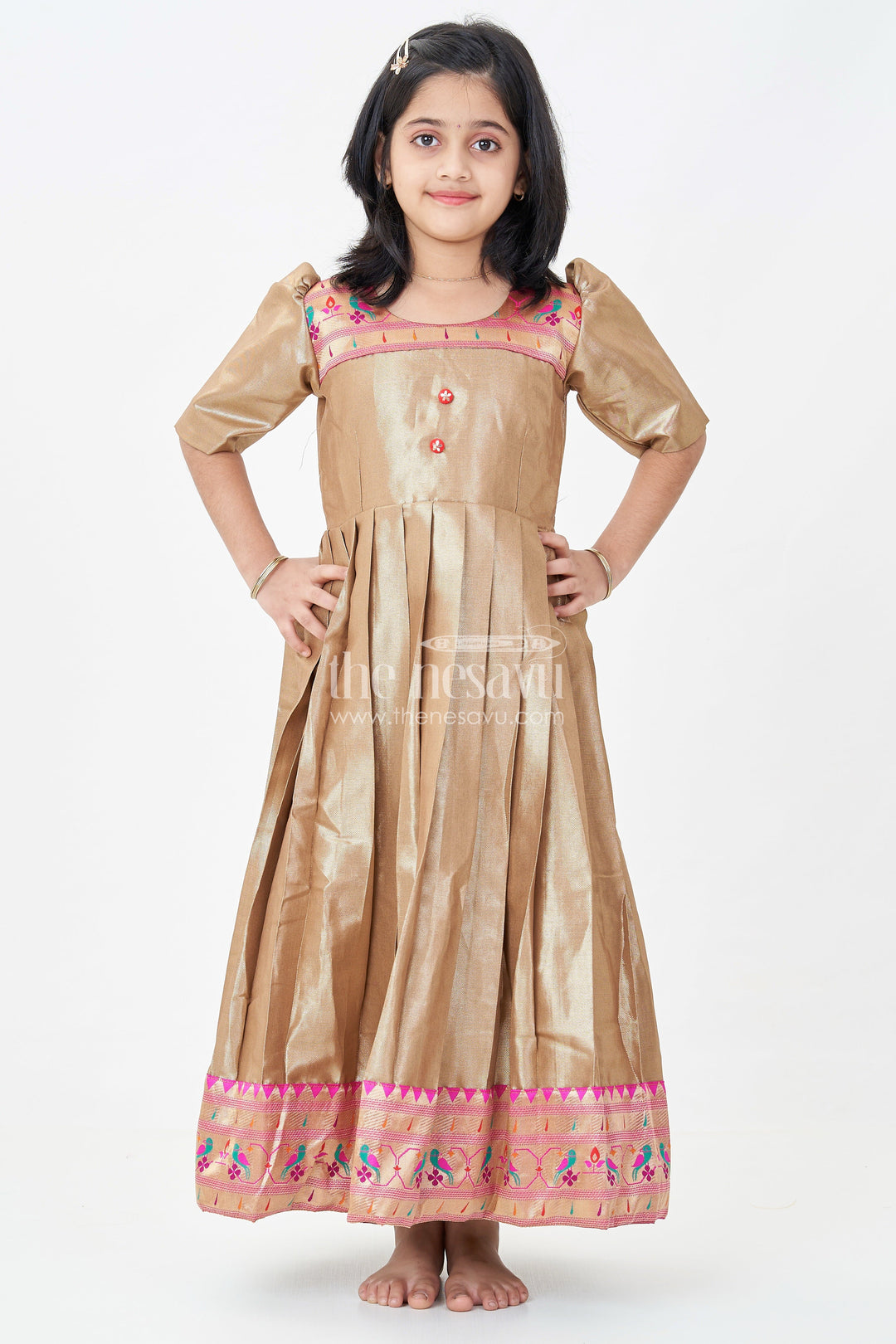 Yellow Gold Gown for Girls in Tissue Silk with Rich Pleats and Paithani Embellished Hemline