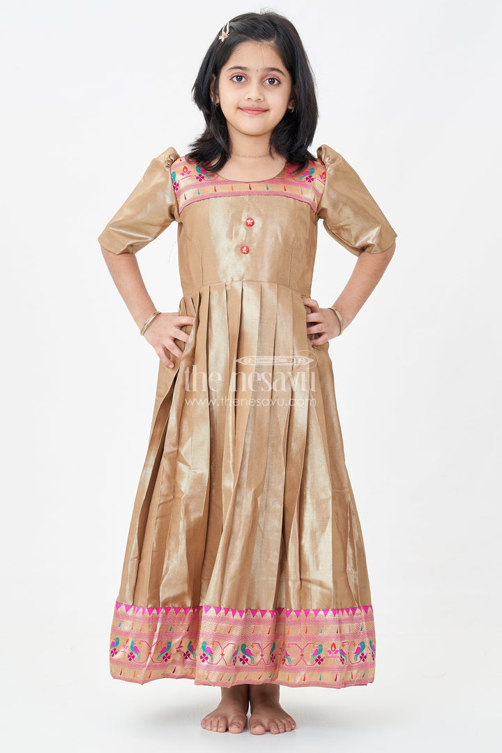 Yellow Gold Gown for Girls in Tissue Silk with Rich Pleats and Paithani Embellished Hemline