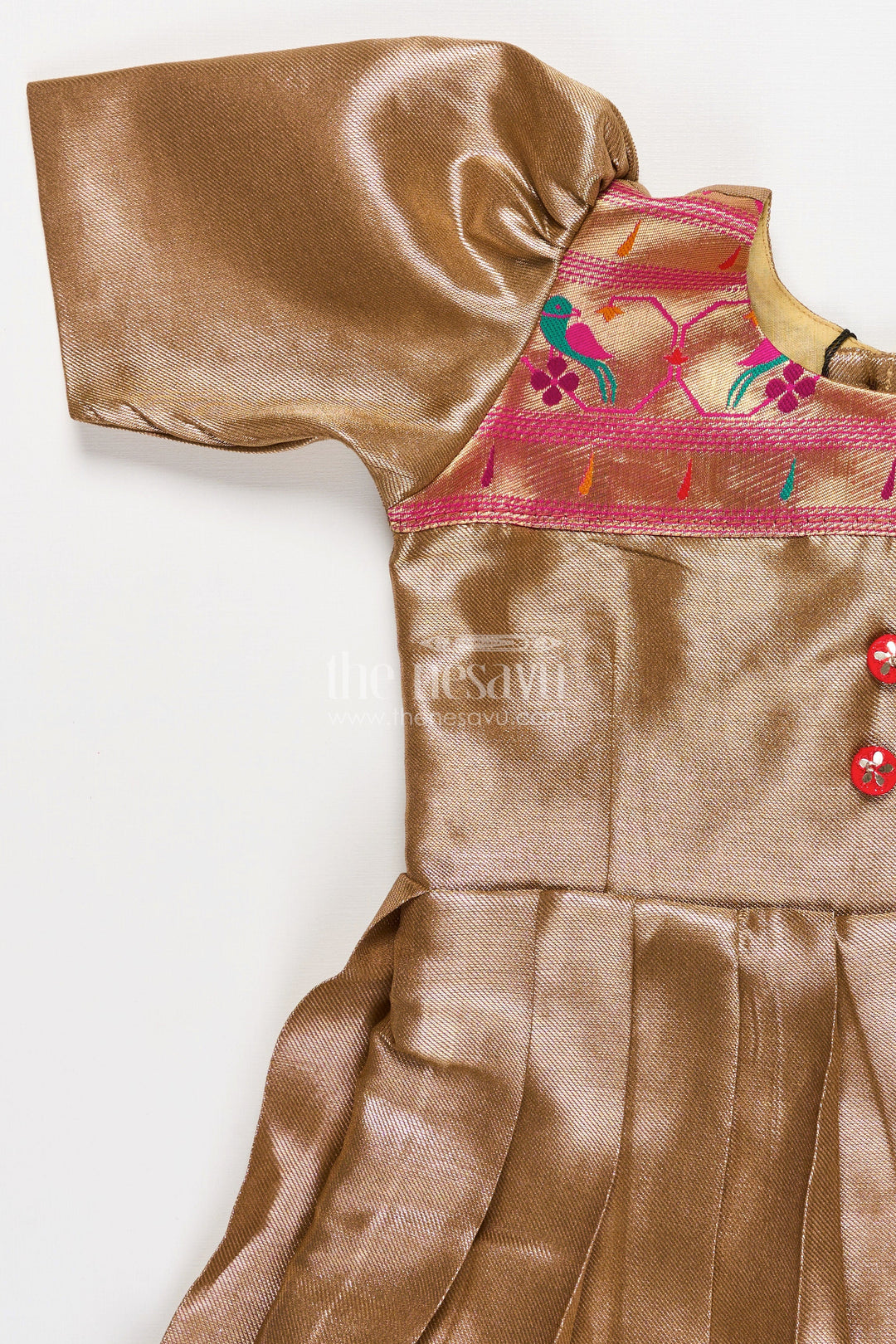 Yellow Gold Gown for Girls in Tissue Silk with Rich Pleats and Paithani Embellished Hemline