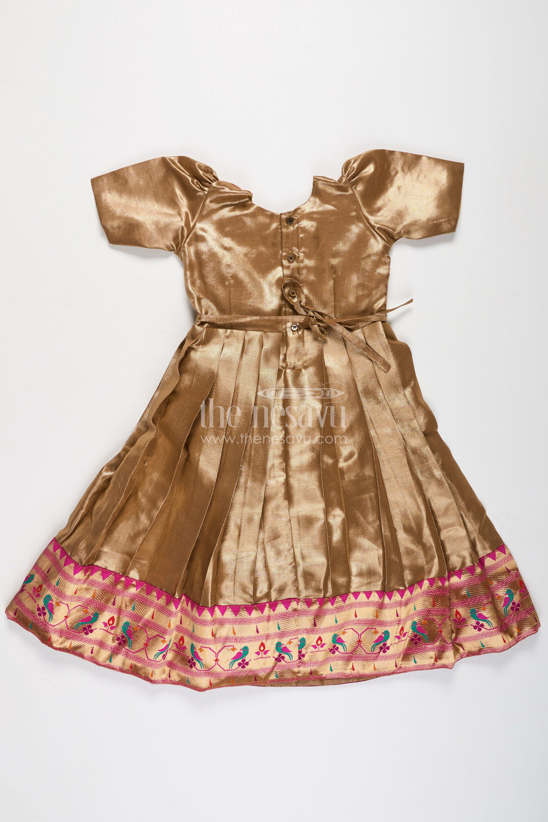 Yellow Gold Gown for Girls in Tissue Silk with Rich Pleats and Paithani Embellished Hemline