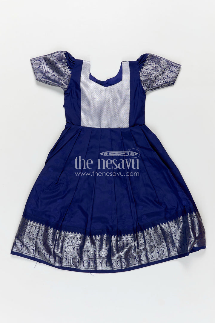 Girls Semi Silk Royal Blue Evening Gown with Silver Yoke and Embroidered Sleeves