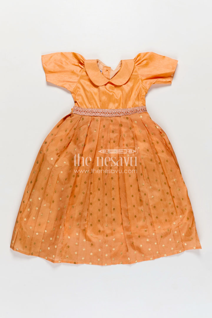 Girls Birthday Gowns in Peach Raw Silk with Semi Banarasi Bottom and Peter Pan Collar
