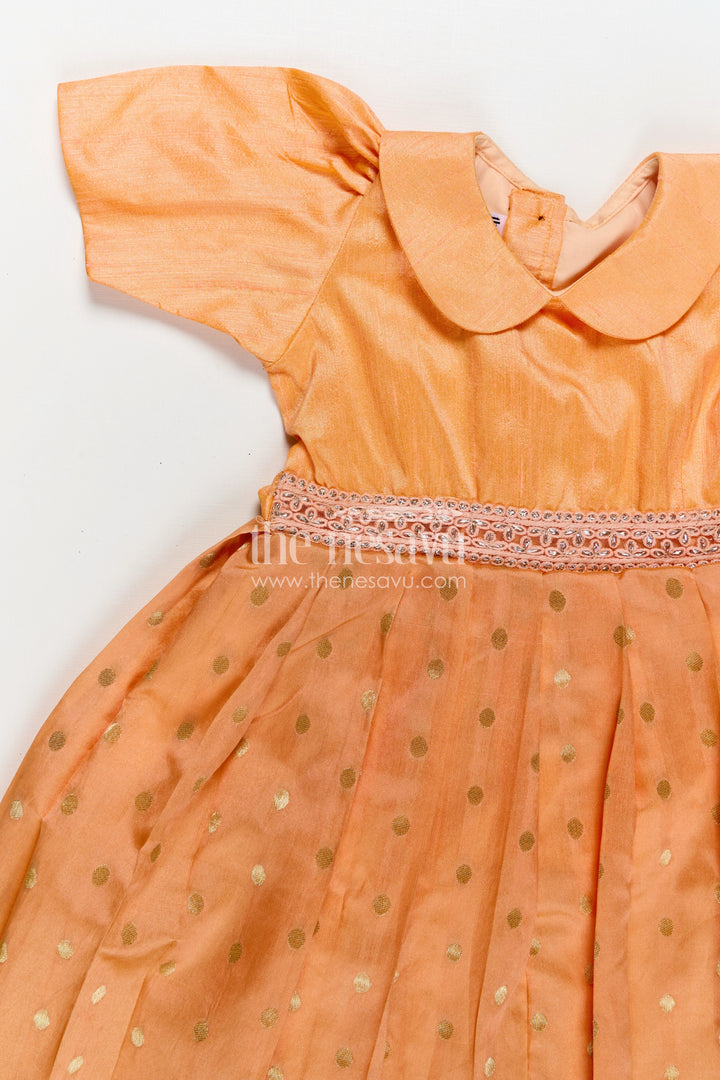 Girls Birthday Gowns in Peach Raw Silk with Semi Banarasi Bottom and Peter Pan Collar