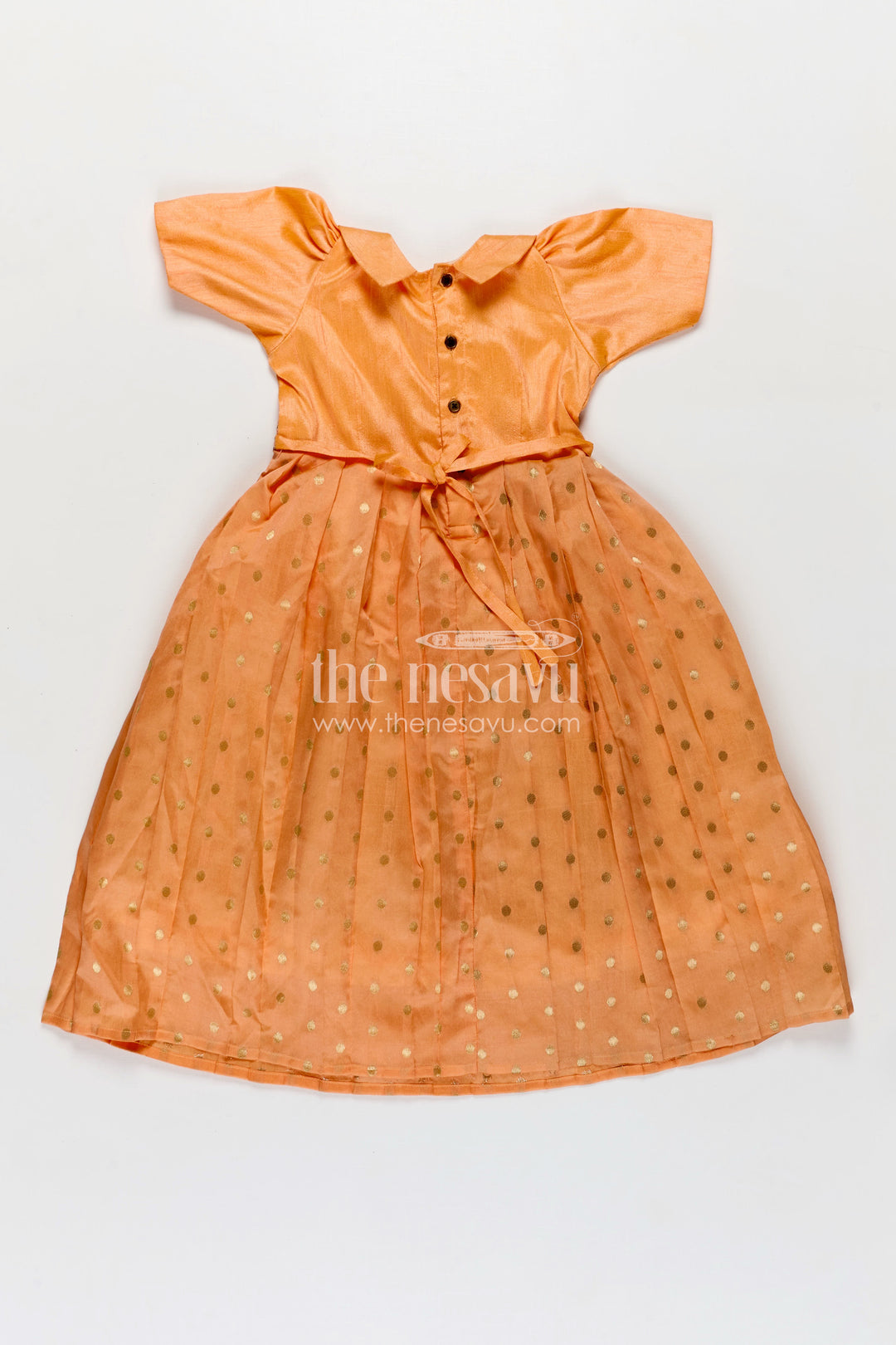 Girls Birthday Gowns in Peach Raw Silk with Semi Banarasi Bottom and Peter Pan Collar