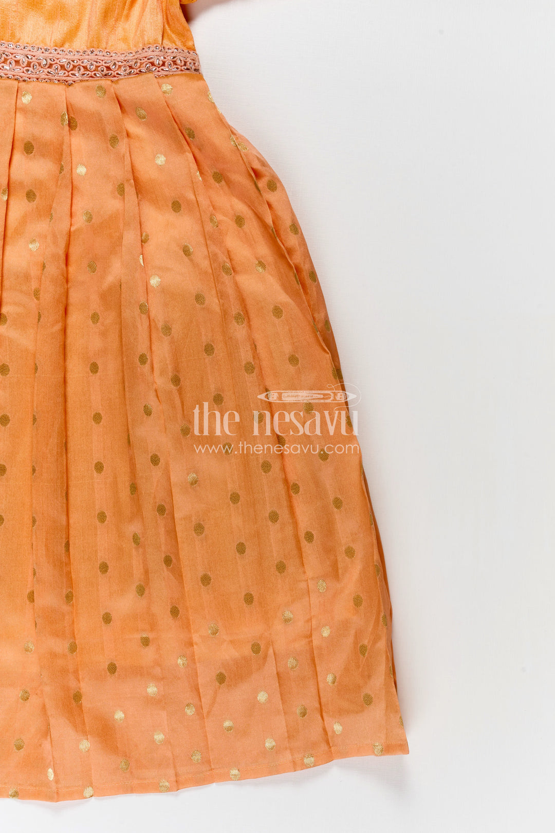 Girls Birthday Gowns in Peach Raw Silk with Semi Banarasi Bottom and Peter Pan Collar