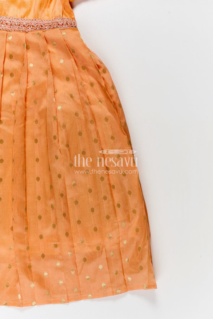 Girls Birthday Gowns in Peach Raw Silk with Semi Banarasi Bottom and Peter Pan Collar