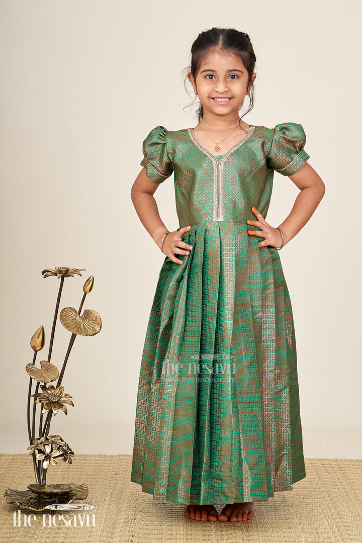 Girls Anarkali Gown Designs in Semi Banaras Silk with Rich Green Zari Weave and Flared Pleated Skirt