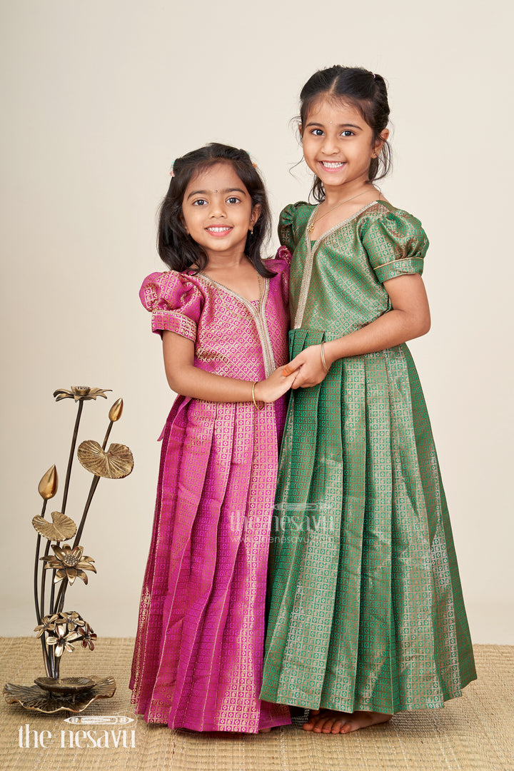 Girls Anarkali Gown Designs in Semi Banaras Silk with Rich Green Zari Weave and Flared Pleated Skirt