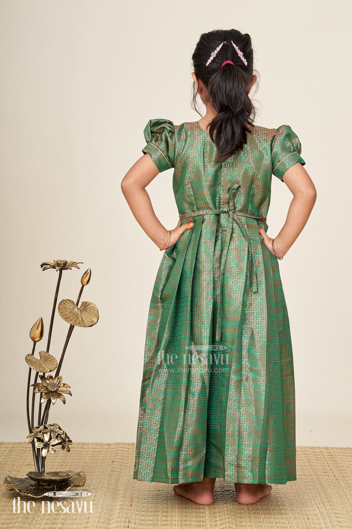 Girls Anarkali Gown Designs in Semi Banaras Silk with Rich Green Zari Weave and Flared Pleated Skirt