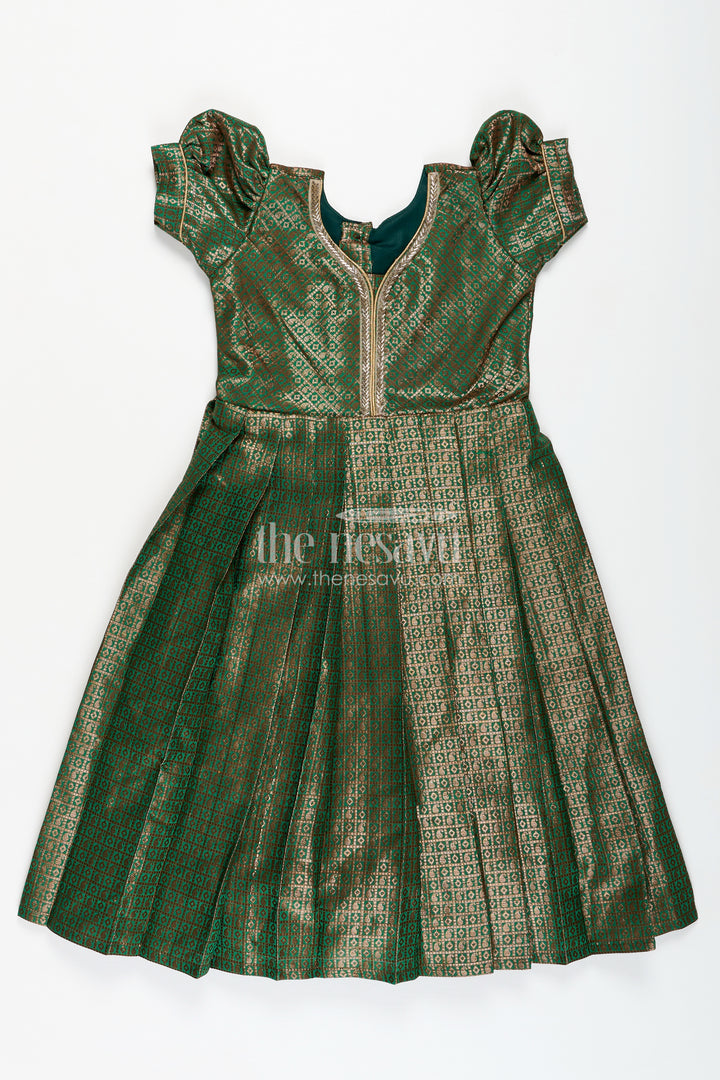 Girls Anarkali Gown Designs in Semi Banaras Silk with Rich Green Zari Weave and Flared Pleated Skirt