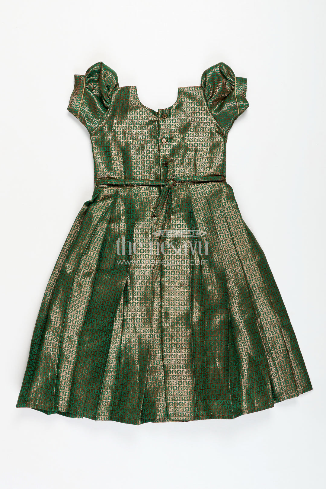 Girls Anarkali Gown Designs in Semi Banaras Silk with Rich Green Zari Weave and Flared Pleated Skirt
