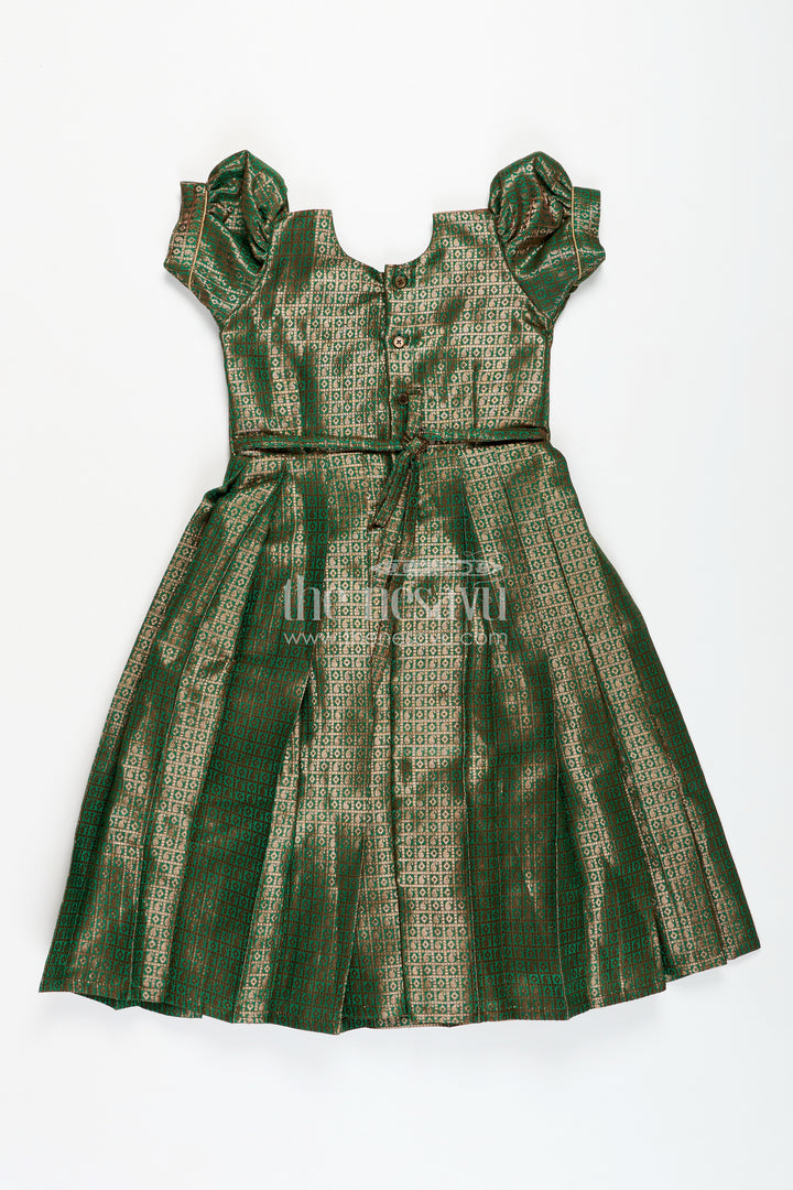 Girls Anarkali Gown Designs in Semi Banaras Silk with Rich Green Zari Weave and Flared Pleated Skirt