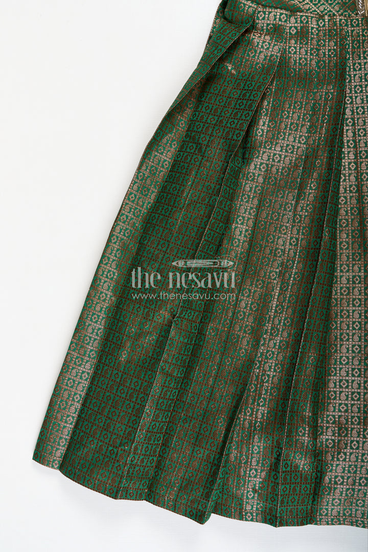 Girls Anarkali Gown Designs in Semi Banaras Silk with Rich Green Zari Weave and Flared Pleated Skirt