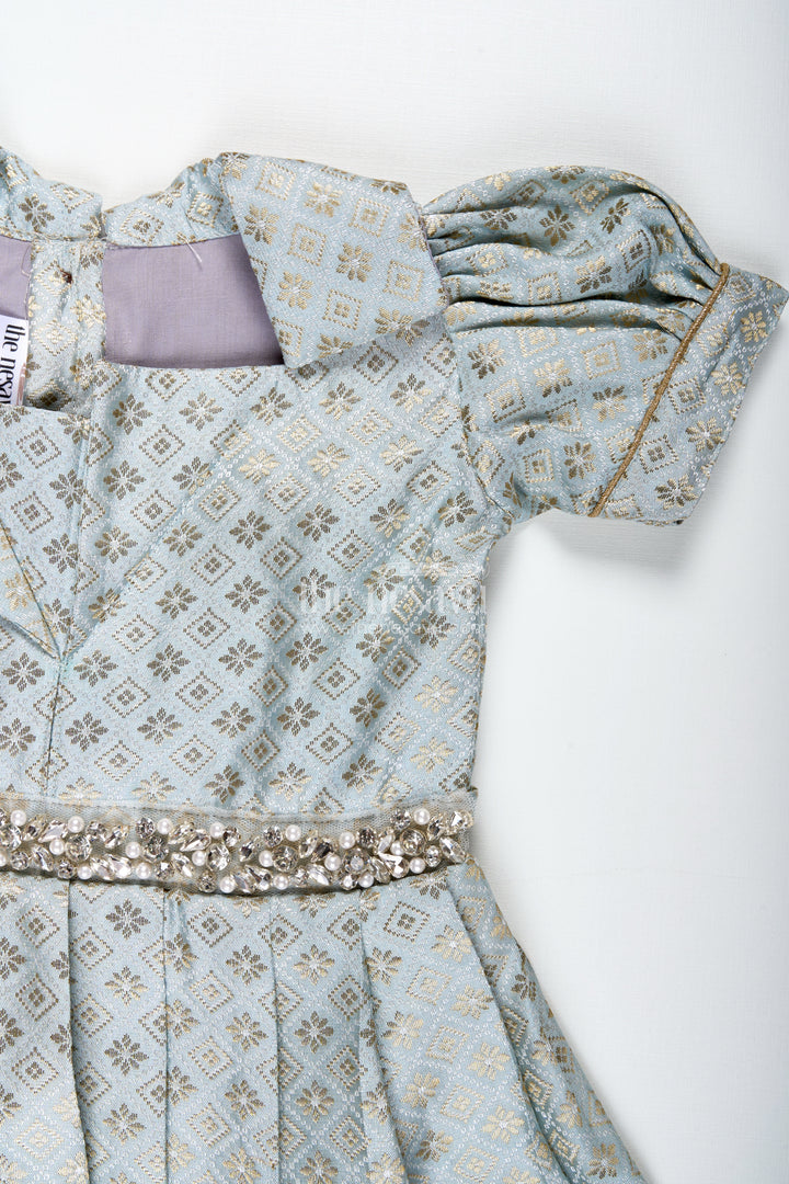 Girls Semi Banaras Silk Gown With Collar Ethnic Grey And Gold Party Wear