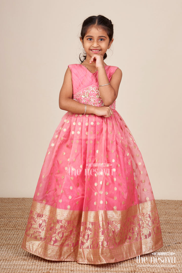 Girls silk gown with zari border for weddings and grand occasions