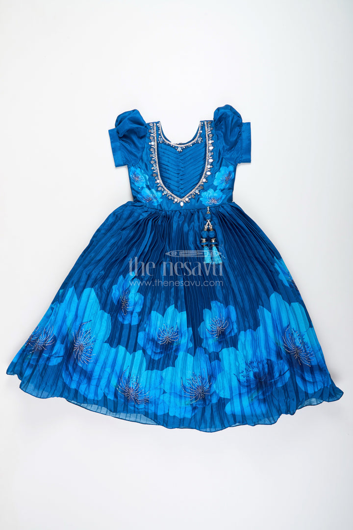 Party gown for girls with floral print and mirror work