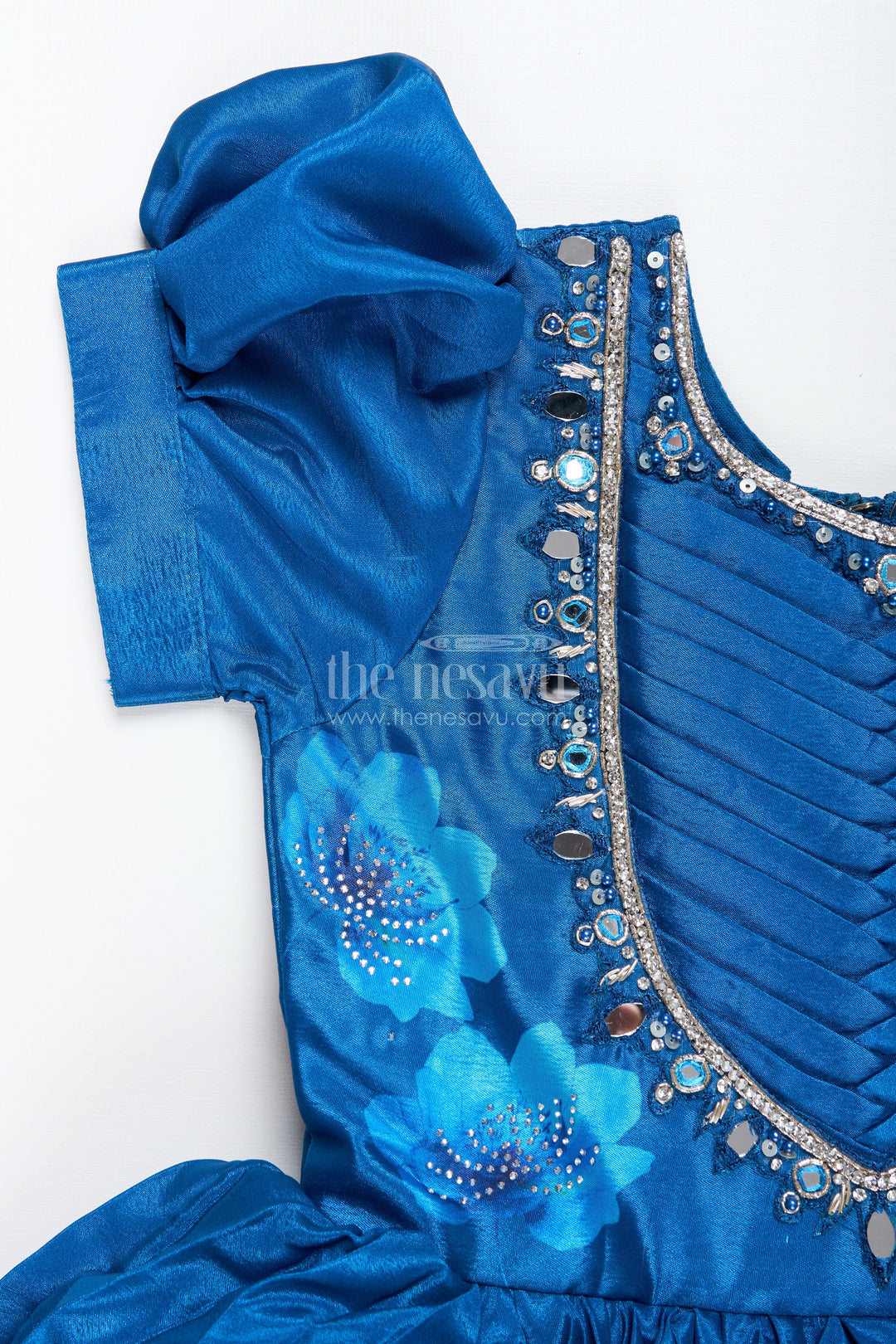 Party gown for girls with floral print and mirror work