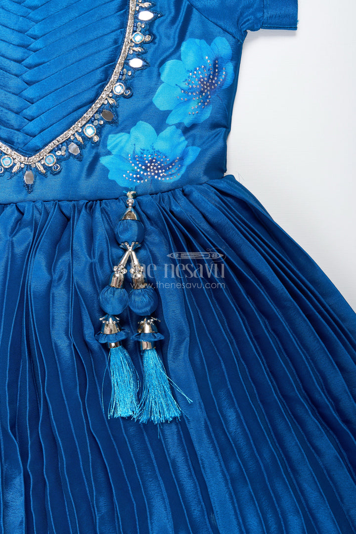 Party gown for girls with floral print and mirror work