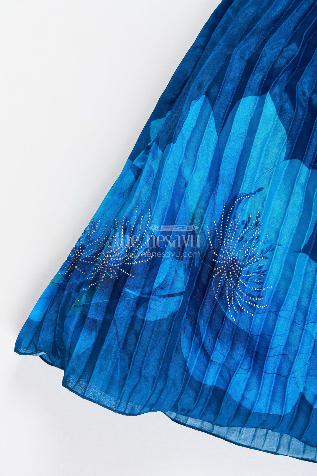 Party gown for girls with floral print and mirror work