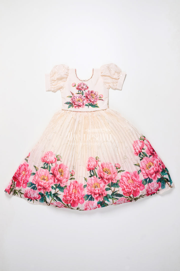 Party Gown for Girls with Floral Print and Puff Sleeves for Birthdays and Events