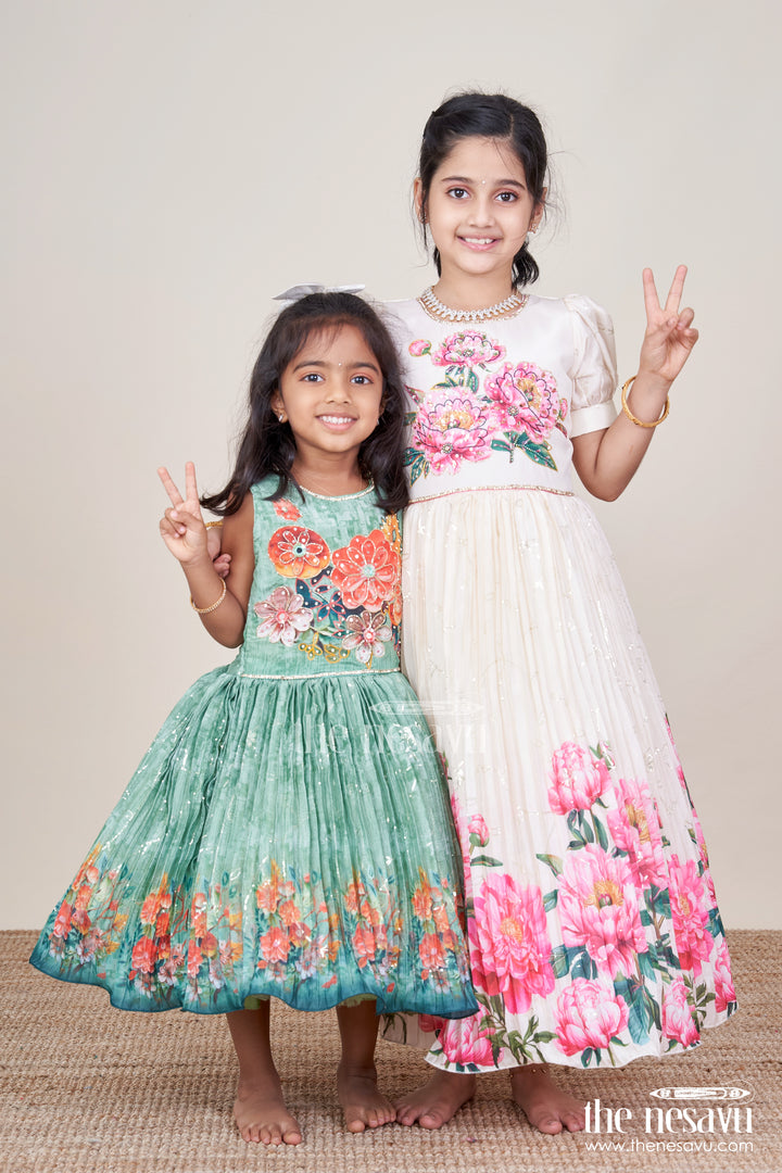 Party Gown for Girls with Floral Print and Puff Sleeves for Birthdays and Events