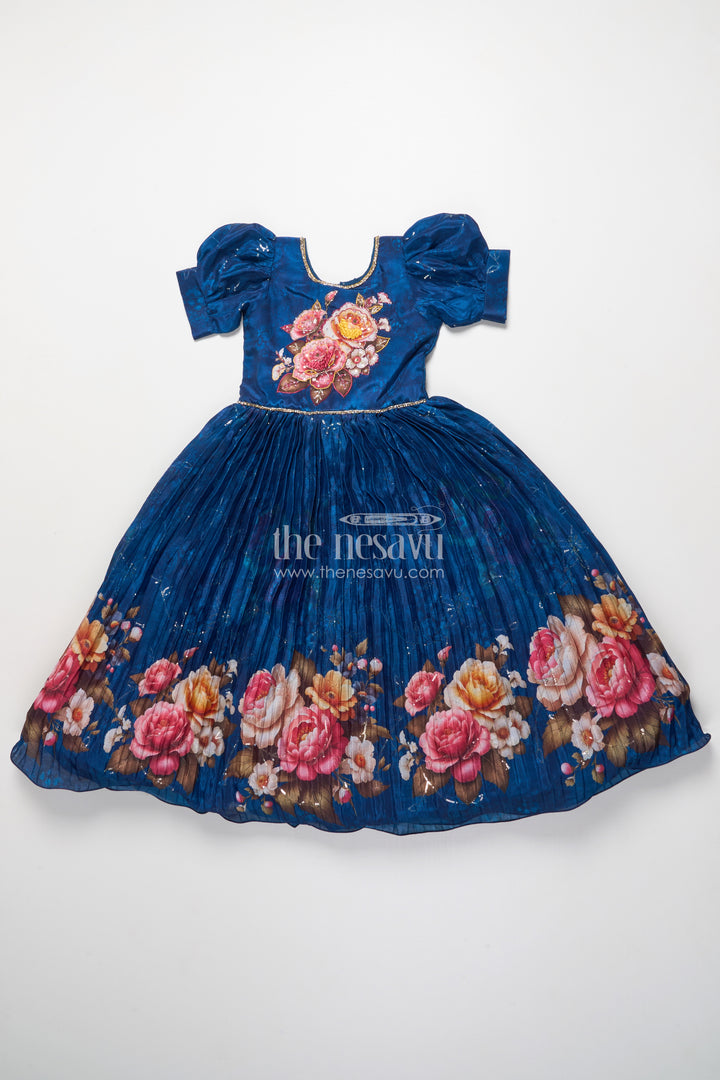 Girls silk gown with floral digital print for festive occasions