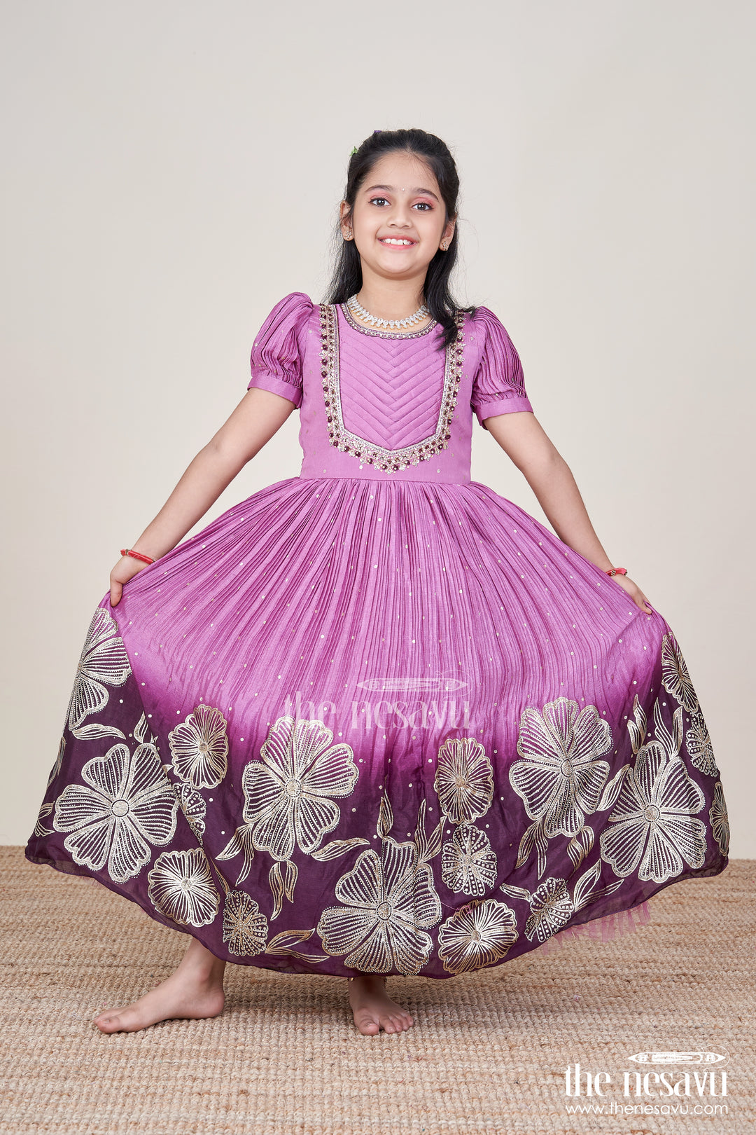 Girls Festive Silk Gown with Floral Designer Yoke