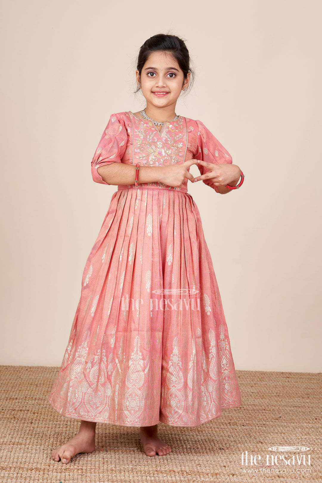 Girls Banarasi Casual Gown with Designer Yoke for Festive Family Moments