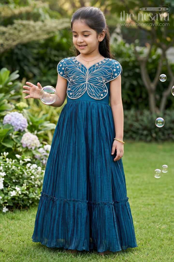 Party Gown for Girls with Butterfly Embellishment and Pleated Skirt