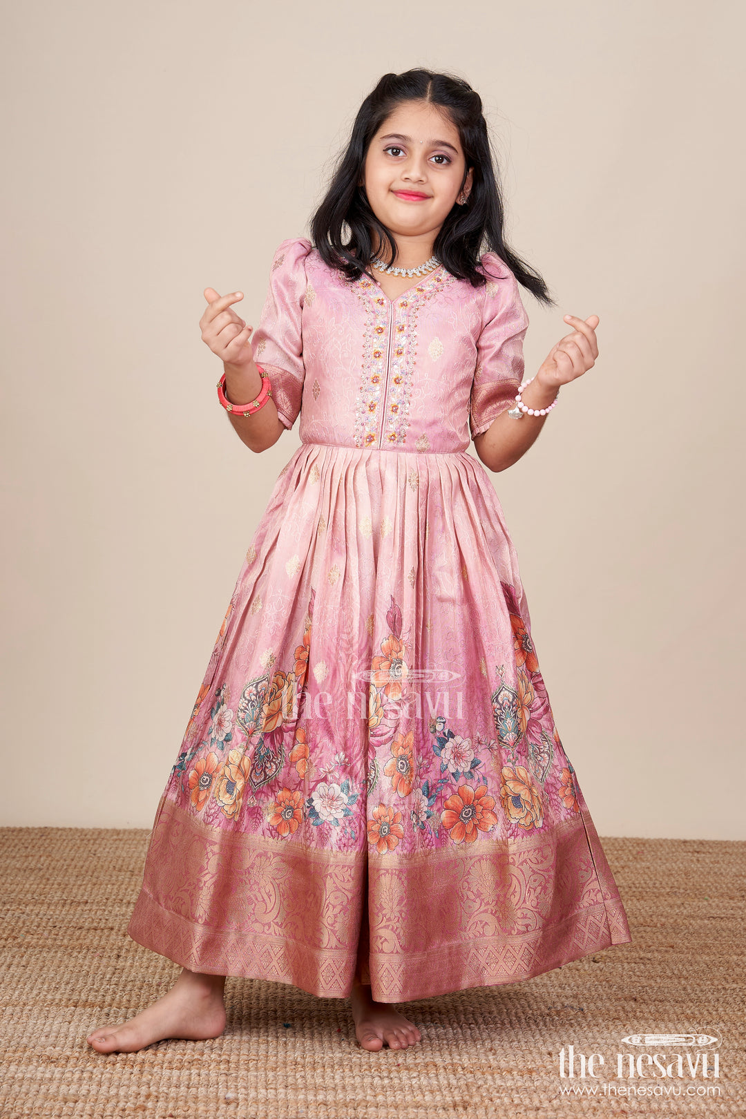 Girls Silk Gown with Zari Border for Weddings and Traditional Occasions