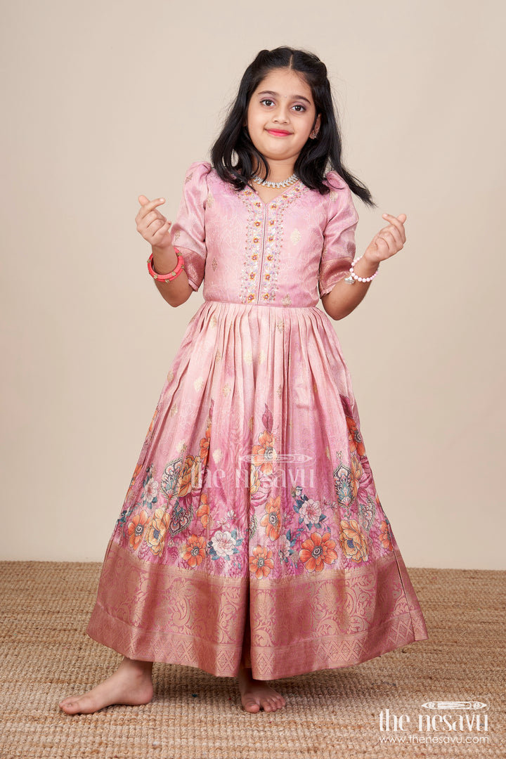 Girls Silk Gown with Zari Border for Weddings and Traditional Occasions