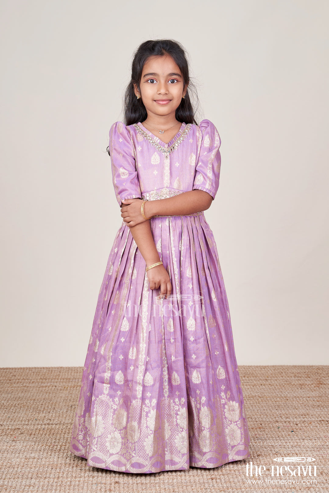 Girls Silk Gown with Zari Border for Weddings and Festive Occasions