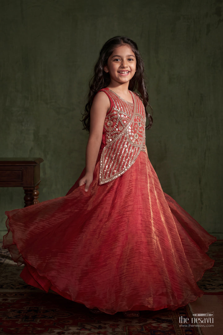 Girls Coral Pink Asymmetric Embroidered Drape Chinnon Chiffon Party Gown