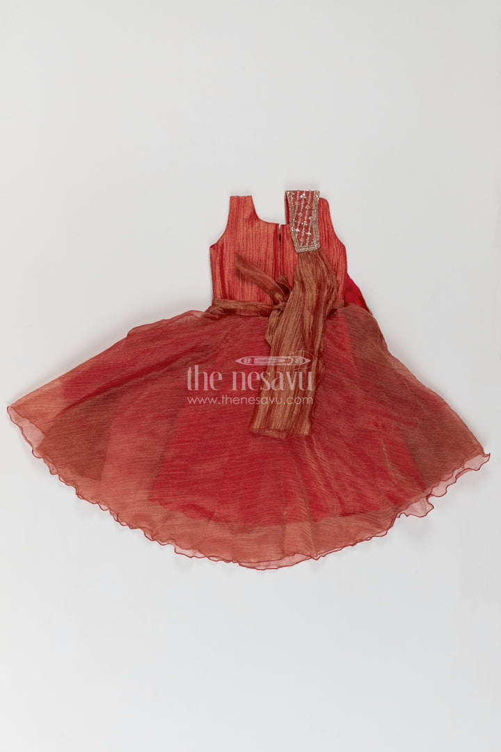 Girls Coral Pink Asymmetric Embroidered Drape Chinnon Chiffon Party Gown