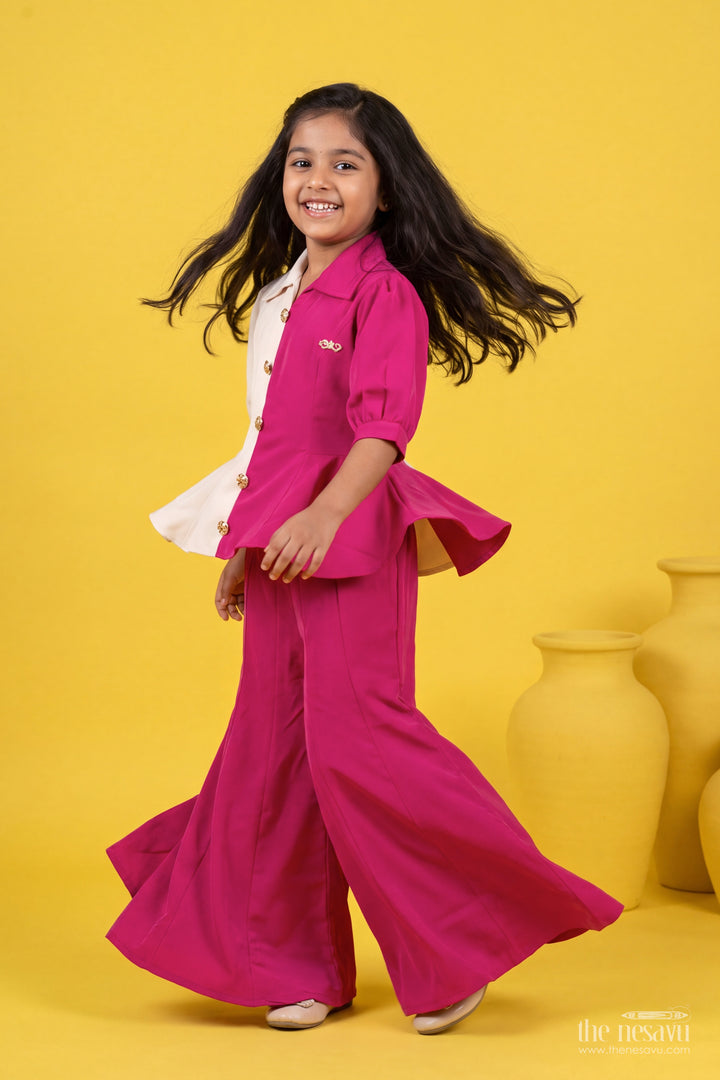 Girls Cotton Blend Co Ord Set in Fuchsia Pink with Colour Block Peplum