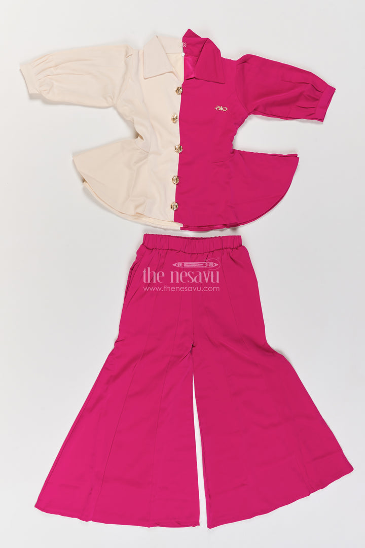Girls Cotton Blend Co Ord Set in Fuchsia Pink with Colour Block Peplum