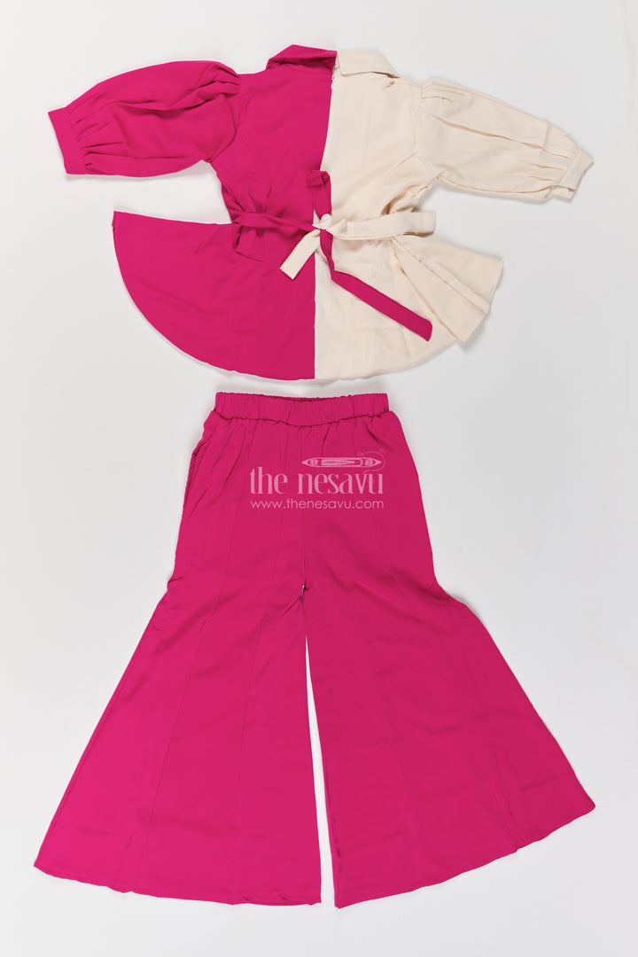 Girls Cotton Blend Co Ord Set in Fuchsia Pink with Colour Block Peplum